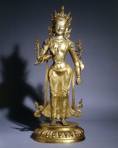 Figura de Padmapani en bronce dorado de pie en tribhanga, con joyas de bodhisattva y una corona, siglo XVIII de Asian School