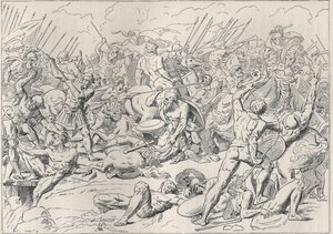 Guerra del Peloponeso: La batalla de Potidea (La battaglia di Potidea) donde el filósofo griego Sócrates salvó la vida en Alcibíades. (Grabado d