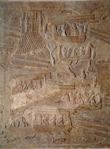 Arte Mesopotamia (Asiria): patio del palacio del rey de Asiria Sargón II (721 - 705 a.C.) transporte de madera de cedro desde el Líbano