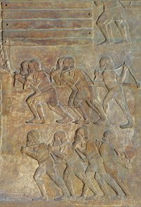 (detalle) de un relieve que representa el almacenamiento de madera en la orilla antes del transporte por mar, del Palacio de Sargón II, Khorsabad, Irak de Assyrian