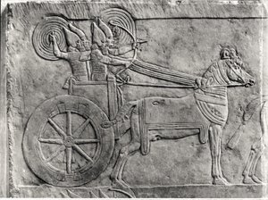 Fragmento de un relieve que representa al ejército asirio en batalla, del Palacio de Asurbanipal en Nínive, c.645 a.C. (detalle) de Assyrian