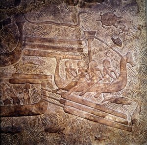 Expedición naval: transporte de madera desde el Líbano a lo largo de la costa fenicia. Representación de un barco fenicio con una sola fila de remeros. Bajorrelieve de Khorsabad, siglo VIII a.C. Período neoasirio, Mesopotamia. Museo del Louvre