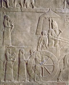 Relieve que representa el carro del rey Asurbanipal y prisioneros elamitas, episodios de la campaña de Elam, del Palacio de Asurbanipal en Nínive, c.645 a.C.