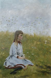 Chica en un prado de flores, c.1885 (óleo sobre lienzo) de Asta Nørregaard
