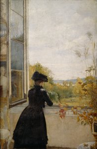 Señora en la ventana abierta