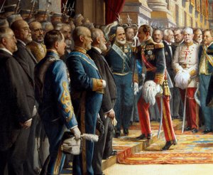 La apertura de las Cortes en el Senado, detalle Alfonso XIII de España (1886-1941) saluda a Antonio Maura y Montaner (1853-1925) al entrar en el Senado, 24 de junio de 1920 de Asterio Mañanós Martínez