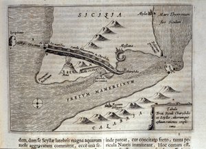 Representación cartográfica de Caribdis y Escila en el estrecho de Mesina, Sicilia. Grabado de 