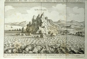 Vista de las rocas de Caribdis y Escila en el estrecho de Mesina, Sicilia. Grabado de 