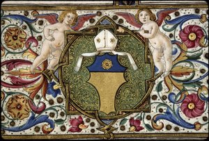 Misal de Thomas James: detalle de las armas del comisario, "Or, on a chief azure a rose Or".