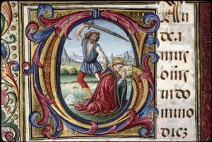 Misal de Thomas James: detalle de una letra G: el martirio de Santo Tomás Becket.