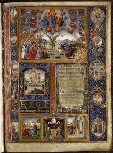 Misal de Thomas James: el Juicio Final, con viñetas que representan escenas de la Pasión y de la vida de la Virgen María.