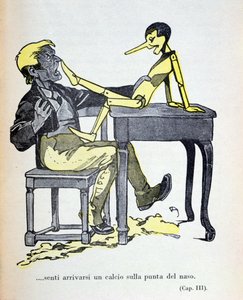 Gepetto sintió una patada en la punta de la nariz", ilustración de Pinocho, de Carlo Collodi (1826-90), publicada por Bemporad en 1935 (grabado en color).
