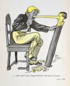 La nariz de Pinocho empezó a crecer mientras Gepetto seguía esculpiendo su figura", ilustración de Pinocho, de Carlo Collodi (1826-90), 1935 (litografía en color).