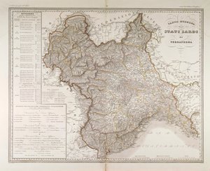 Estados sardos en tierra firme. Mapa de Attilio Zuccagni-Orlandini, extraído del Atlas Geográfico de los Estados Italianos, Florencia, grabado sobre cobre de Attilio Zuccagni Orlandini