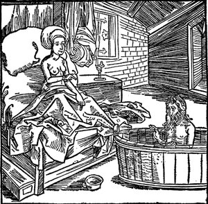 La mujer y el ermitaño bañándose. de attributed to Albrecht Dürer