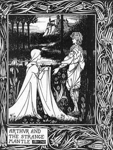 El Rey Arturo recibiendo la visita de una joven enviada por el hada Morgana (El Rey Arturo y el extraño manto enviado por Morgana la hada). Ilustración de Aubrey Beardsley (1872-1898) del libro 