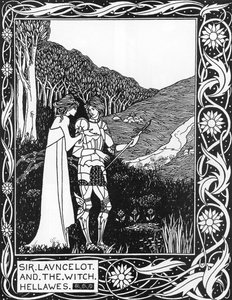 Sir Launcelot y la bruja Hellawes (Lancelot y la bruja Hellawes) Ilustración de Aubrey Beardsley de 