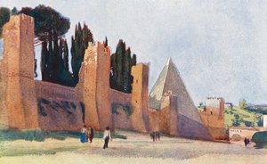 Roma: Muralla Aureliana con la pirámide de Cayo Cestio (litografía en color)