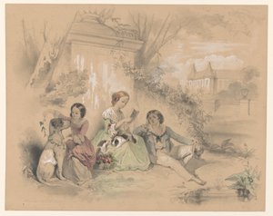 Tres niños en el jardín de un castillo, leyendo y jugando con perros