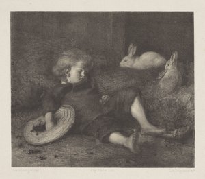 Niño dormido con conejos