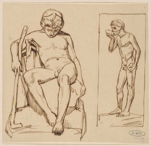 Sentado desnudo con bastón y bebiendo desnudo de pie