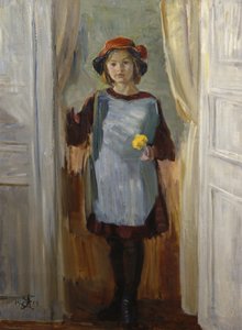 Niña en el portal (Maria Eiebakke) 1918 (óleo sobre lienzo) de August Eiebakke