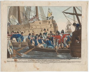 Napoleón Bonaparte como prisionero de los ingleses es llevado del Bellerophon al Northumberland el 8