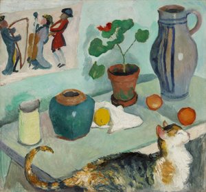 El espíritu en el banco de la casa: naturaleza muerta con gato de August Macke