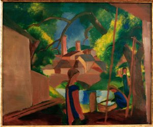 Niños en la fuente con la ciudad al fondo de August Macke