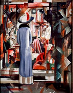 Gran vitrina iluminada Una mujer con un abrigo largo y un sombrero mira una vitrina de August Macke