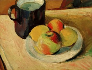 Jarra de leche y manzanas en un plato