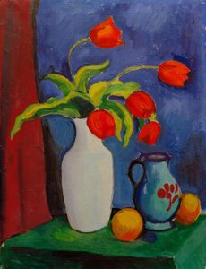 Tulipanes rojos en jarrón blanco de August Macke