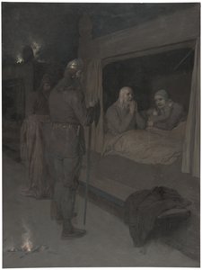Njal, Bergthora y Thord Karisson deciden dejarse quemar vivos. Ilustración para la Saga de Njal, cap. 129 de August Malmström