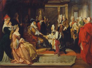 El emperador Carlos VI entrega la espada de honor al príncipe Eugenio después de la Batalla de Belgrado, 1865 de August Wenzel Mantler