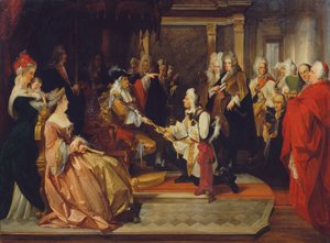 Emperador Carlos VI presenta al Príncipe Eugenio con la espada de honor después de la Batalla de Belgrado de August Wenzel Mantler