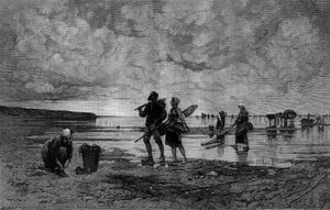 Gran marea en el Canal (siglo XIX): pescadores de conchas en una playa. Grabado después de la pintura de Hagborg Auguste Wilhem Nikolaus (1852-1921/1925) en “The Illustrous World” n°1219 del 7 de agosto de August Wilhelm Nikolaus Hagborg