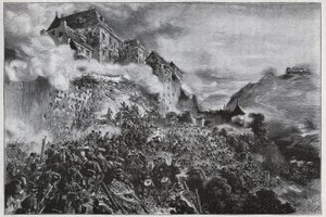 La Revolución Húngara de 1848-1849: Rebeldes húngaros asaltan el Castillo de Buda el 21 de mayo de 1849 - después de una litografía de August von Pettenkofer