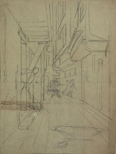 Boceto en perspectiva para "Pelea callejera en un callejón veneciano" de August von Pettenkofen