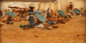 Mercado húngaro con sombrillas azules de August von Pettenkofen