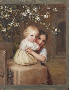Niño y niña bajo un manzano en flor (estudio)