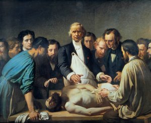 Doctor Alfred Velleau (1795-1867) en la Caridad procederá a una autopsia. Un doctor rodeado de sus estudiantes preparados para intervenir en un cadáver. Pintura de François Feyen Perrin (1826-1888). Siglo XIX. Tours, Museo de Bellas Artes de Auguste (after) Feyen Perrin