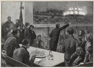 Reunión para la huelga en el Vooruit en 1885 - grabado en 1885 “Le monde illustré” - dibujo de Gerardin de Auguste (after) Gerardin
