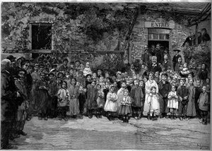 Victor Hugo (1802-1885) con los niños pobres de Veules en Caux (Veules-en-Caux) a quienes ofreció un banquete el 24 de septiembre de 1882. Grabado por Gerardin en "Le Monde Illustré" n°1333 del 14 de octubre de 1882. de Auguste (after) Gerardin