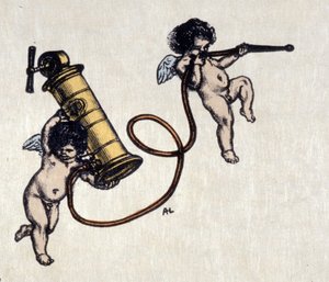 Las alegrías del clystere. Dos ángeles con una bomba para un enema. Ilustración de Auguste Leroux (1871-1954) de Auguste (after) Leroux