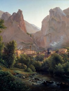 El pueblo de Moustiers Sainte Marie (Moustiers Sainte-Marie) Detalle. Pintura de Auguste Bec (1797-1874) siglo XIX Aix en Provence, Museo Granet de Auguste Bec