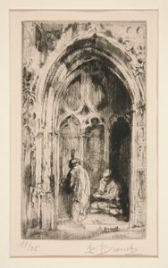 Mendiga en un portal de la iglesia