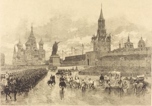La Coronación del Zar. El Cortejo Imperial atraviesa la Plaza Real, 1883 de Auguste Lepere