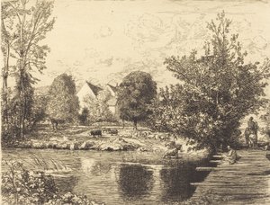 Viejo puente peatonal, orillas del pequeño Morin Vieille passerelle, bords du petit morin, 1915 de Auguste Lepere