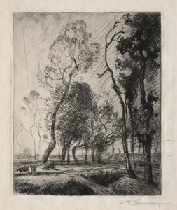 Puesta de sol detrás de los árboles de Auguste Louis Lepère