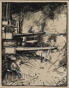 Bombe explosant sur un cuirasse aux canons braques de Auguste Louis Lepère